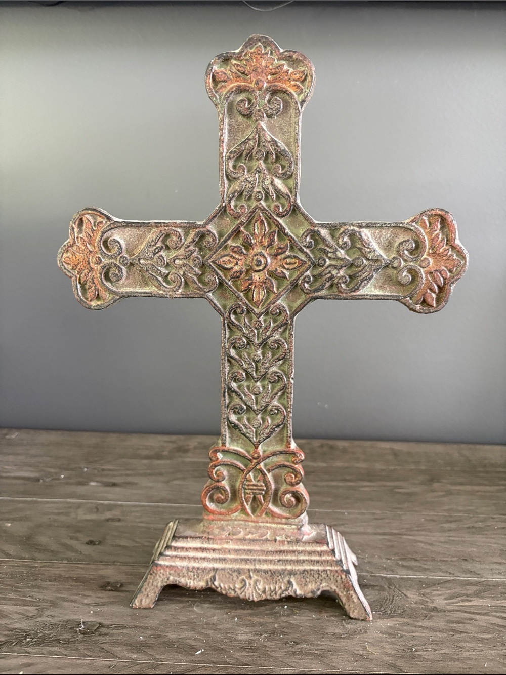 Decorative Metal Cross Accent - Distressed Green and Copper